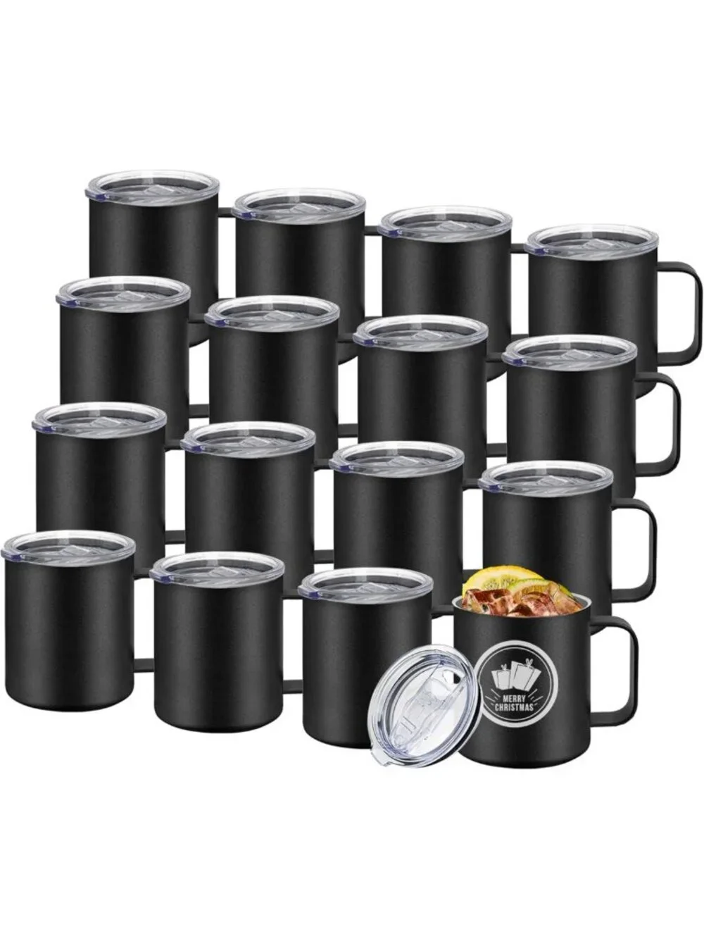 16 Pack Insulated Coffee Mugs with Handles & Lids - 12oz Double Wall, Black